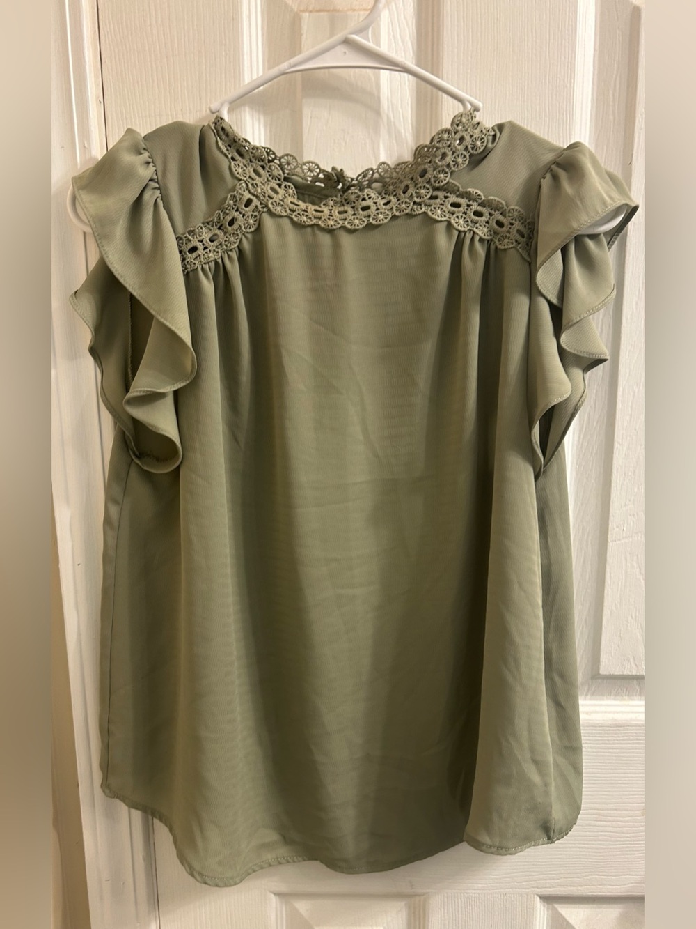 Sage Green Lace-Yoke Ruffle Sleeve Blouse